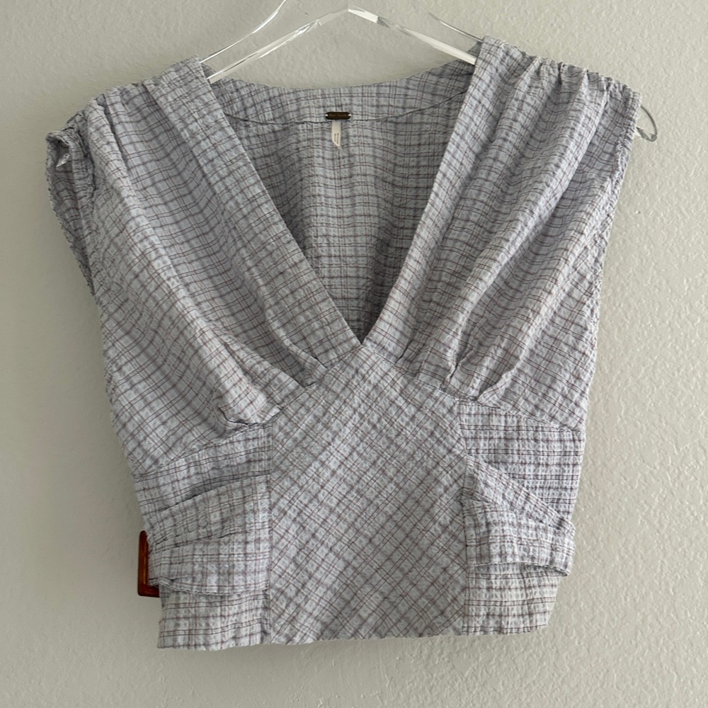 Free People Plaid V-Neck Top XS Light Blue Seersucker Smocked Back Buckle Detail